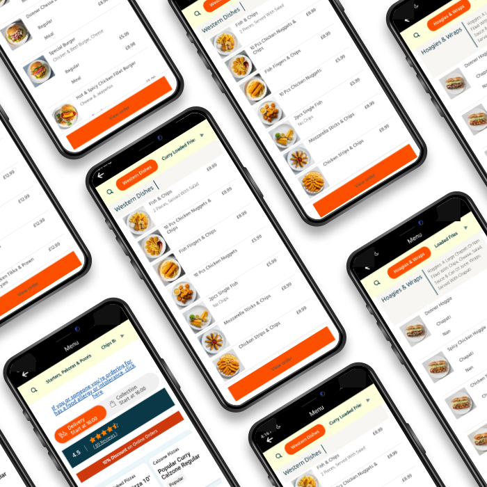 Smartphones displaying an Indian restaurant's food delivery app menu.